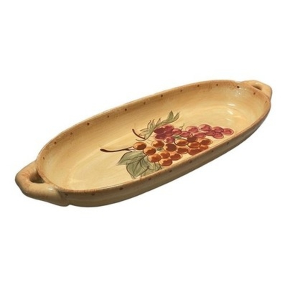 Grape Pattern Ceramic Bread Fruit Bowl 15.5" Tan Serving Tray Platter Excellent